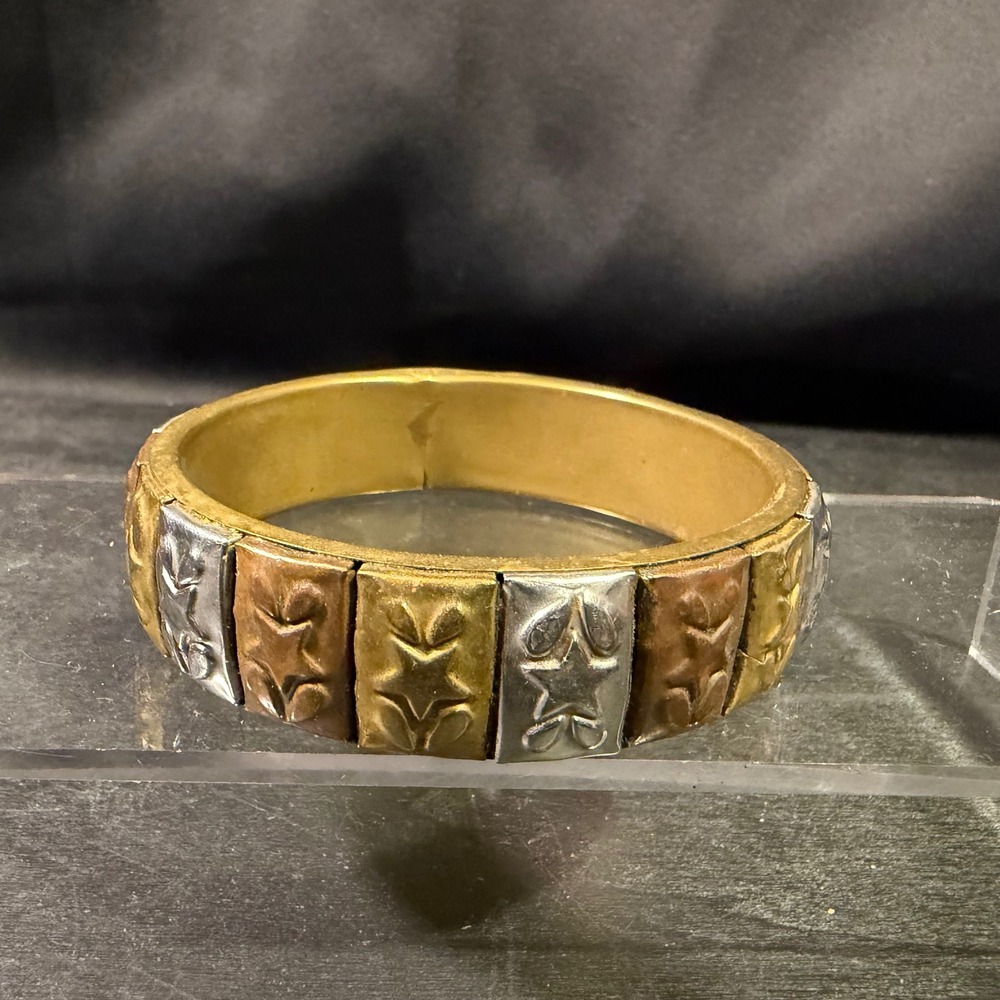 Vintage Tritone Mixed Metal Star Bangle Bracelet Gold Silver Copper Celestial